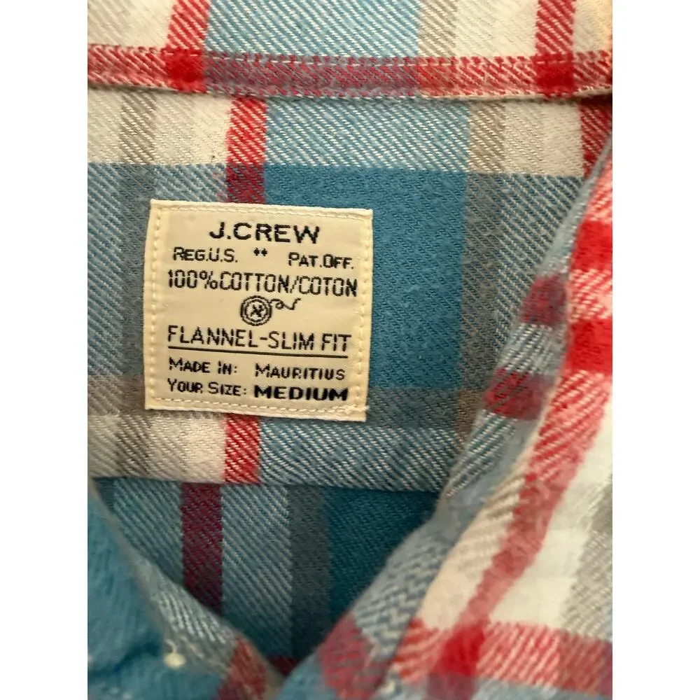 J.Crew Flannel Slim Fit Men Medium Blue Red Plaid 100% Cotton Shirt Style 92937